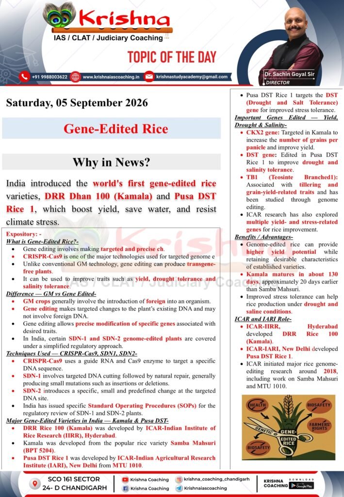 UPSC Current Affairs 05 September 2026 - Gene-Edited Rice Why in News - India worlds first DRR Dhan 100 Kamala Pusa DST Rice 1
