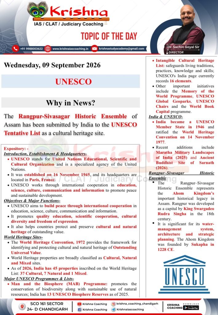 UPSC Current Affairs 09 September 2026 - UNESCO Why in News - Rangpur Sivasagar Historic Ensemble Tentative List