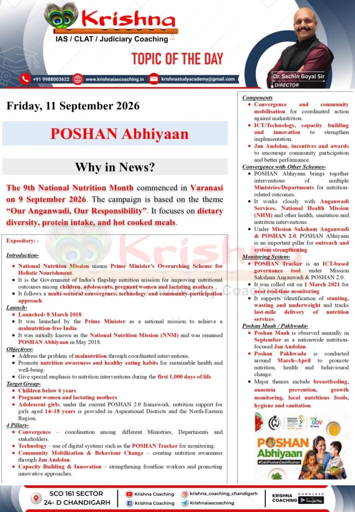 UPSC Current Affairs 11 September 2026 - POSHAN Abhiyaan Why in News - 9th National Nutrition Month Varanasi