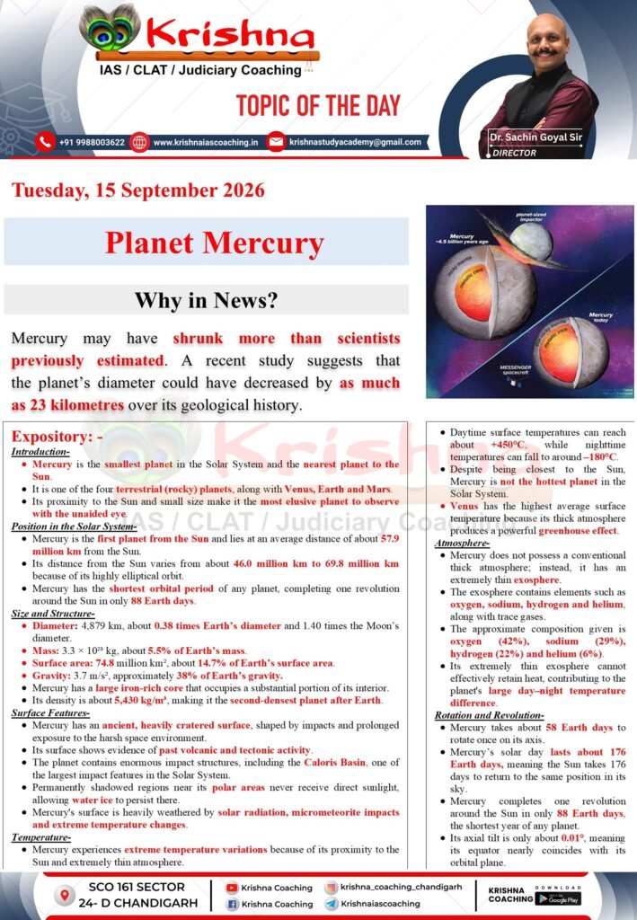 UPSC Current Affairs 15 September 2026 - Planet Mercury Why in News - Mercury may have shrunk 23 kilometres study