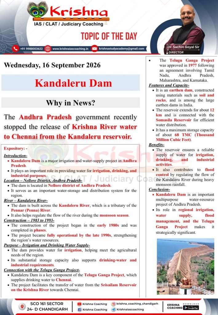 UPSC Current Affairs 16 September 2026 - Kandaleru Dam Why in News - Andhra Pradesh stops Krishna River water to Chennai