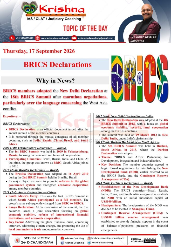 UPSC Current Affairs 17 September 2026 - BRICS Declarations Why in News - New Delhi Declaration 18th BRICS Summit