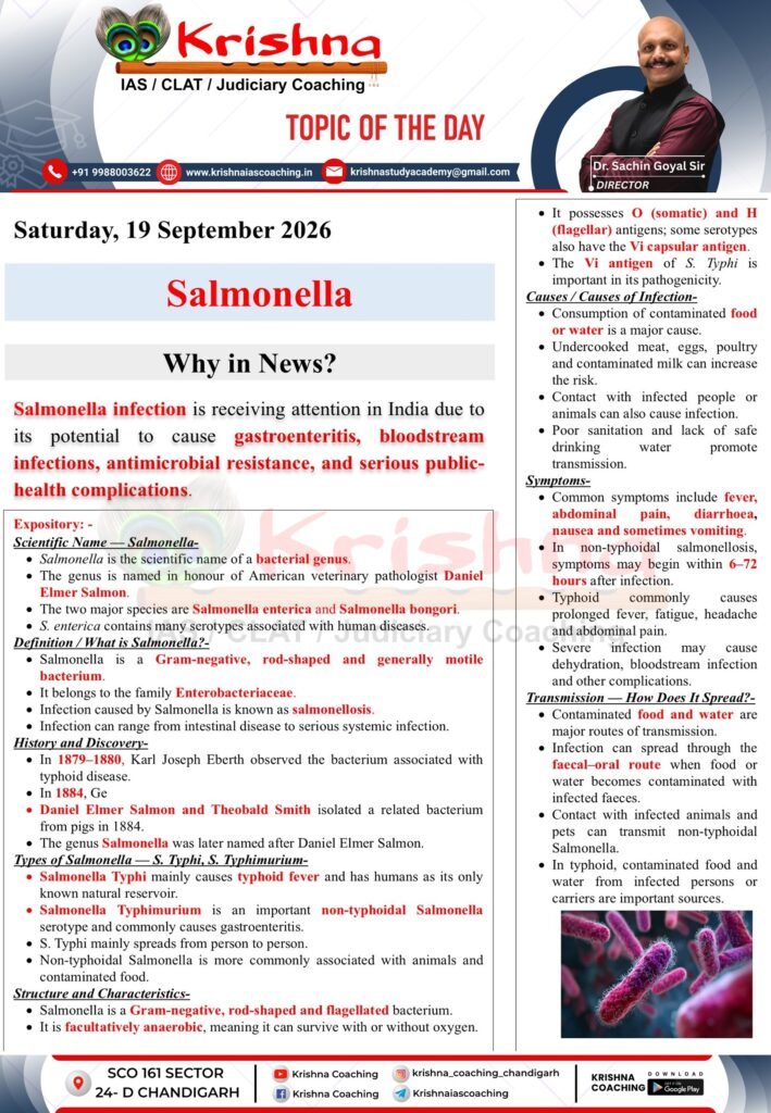 UPSC Current Affairs 19 September 2026 - Salmonella Why in News - Salmonella infection gastroenteritis bloodstream infections antimicrobial resistance public health