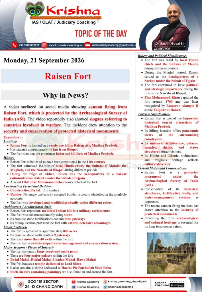 UPSC Current Affairs 21 September 2026 - Raisen Fort Why in News - Raisen Fort Madhya Pradesh ASI protected monument cannon firing video